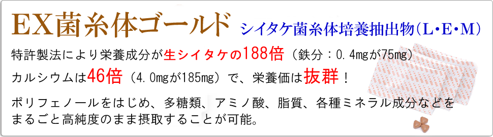 シイタケ菌糸体のサプリメント「ＥＸ菌糸体ゴールド」。特許製法により栄養成分が生シイタケの188倍（鉄分：0.4㎎が75㎎）カルシウムは46倍（4.0㎎が185㎎）で、栄養価は抜群！